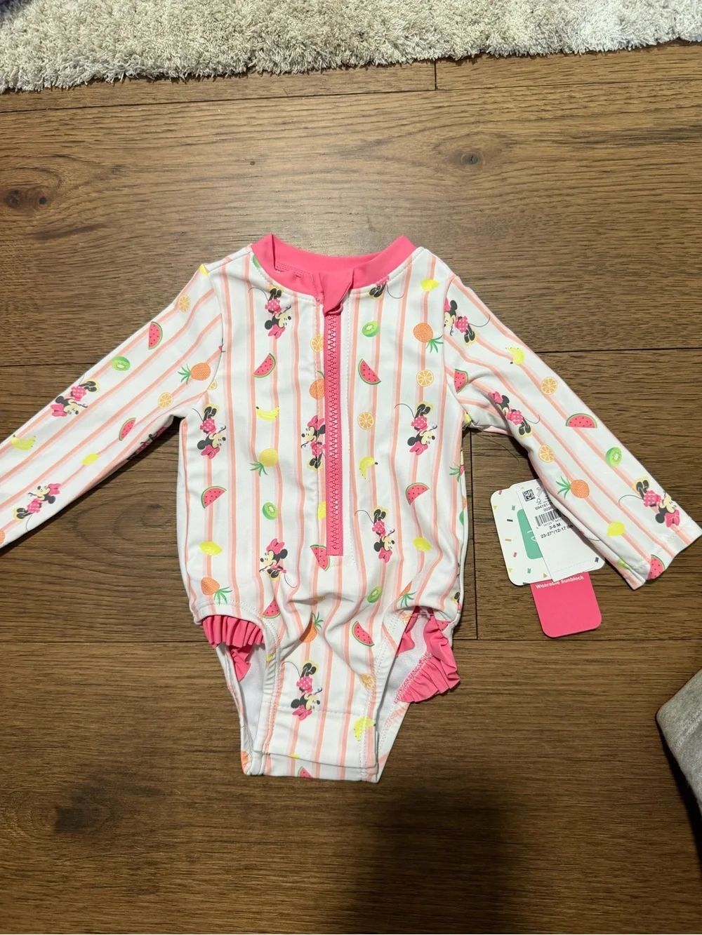 Disney Baby Minnie Mouse Fruit Striped Long Sleeve Swimsuit Baby Size 3-6 Months